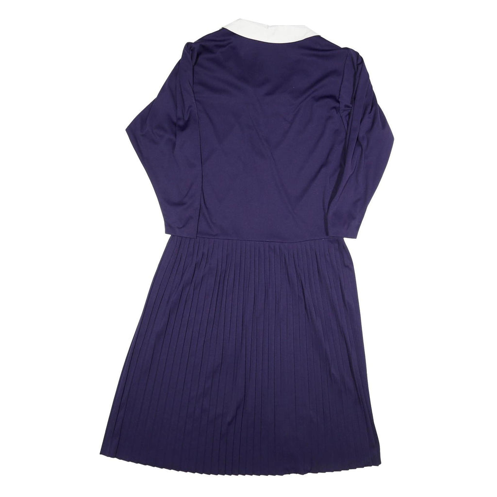 Womens Navy Blue Dress Polyester Blend Pleated Midi UK 10 Button Collar Retro