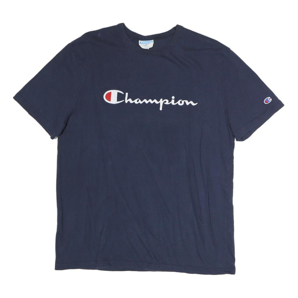 CHAMPION Mens Navy Blue Cotton T-Shirt L Short Sleeve Crew Neck Logo Graphic