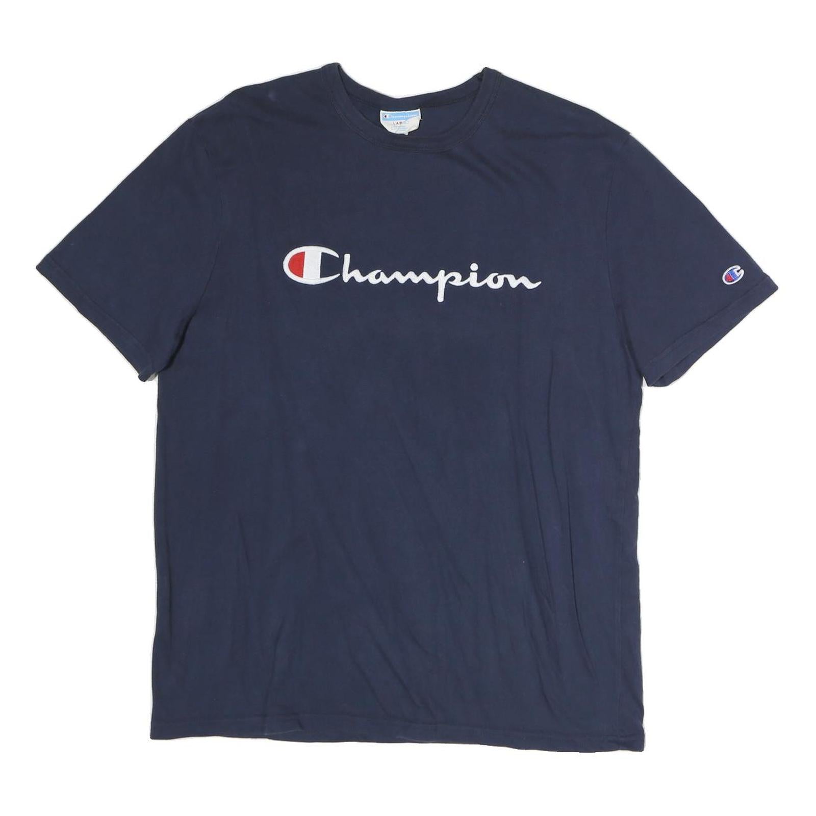 CHAMPION Mens Navy Blue Cotton T-Shirt L Short Sleeve Crew Neck Logo Graphic