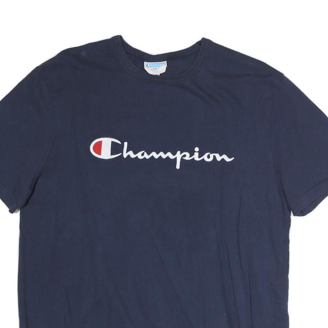 CHAMPION Mens Navy Blue Cotton T-Shirt L Short Sleeve Crew Neck Logo Graphic