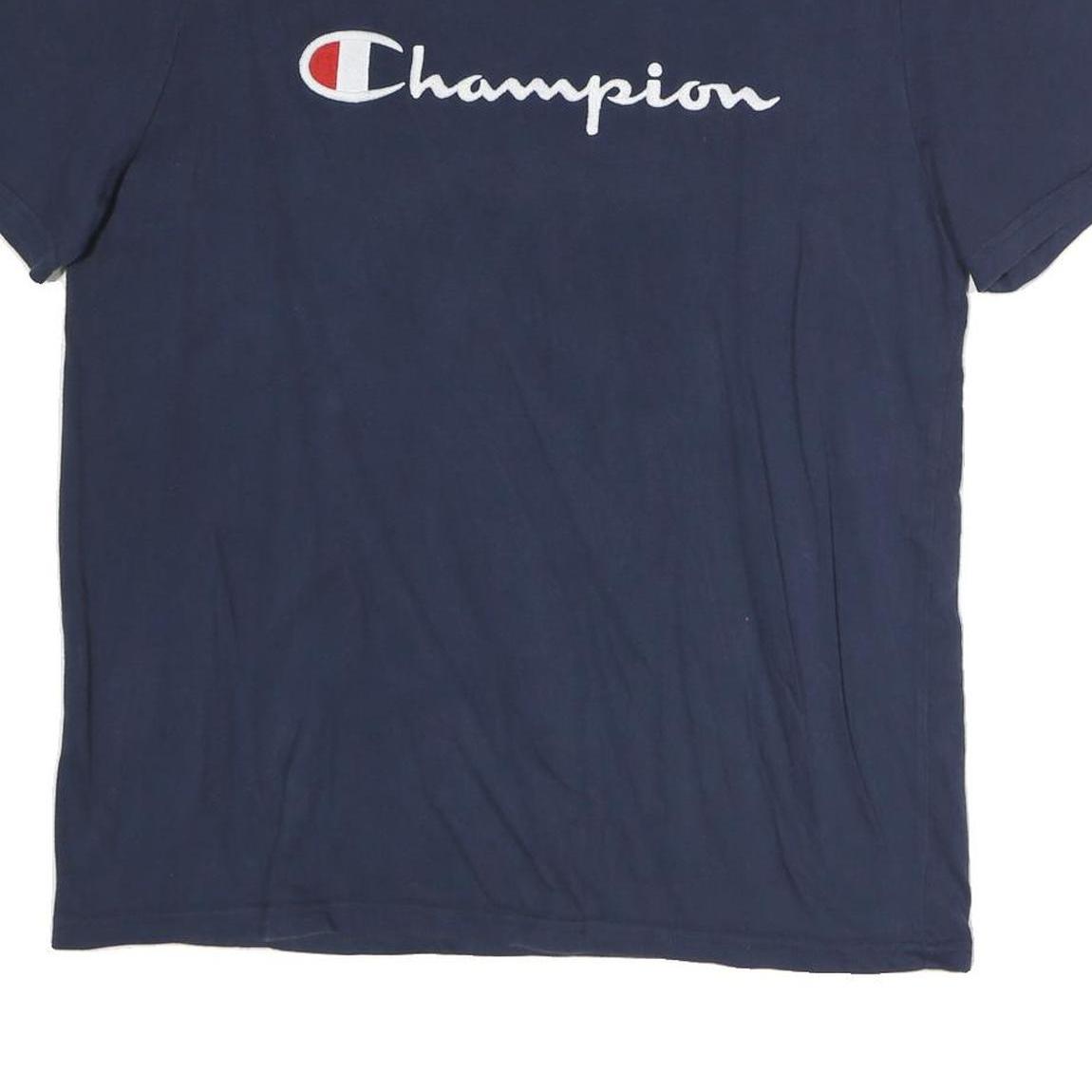 CHAMPION Mens Navy Blue Cotton T-Shirt L Short Sleeve Crew Neck Logo Graphic