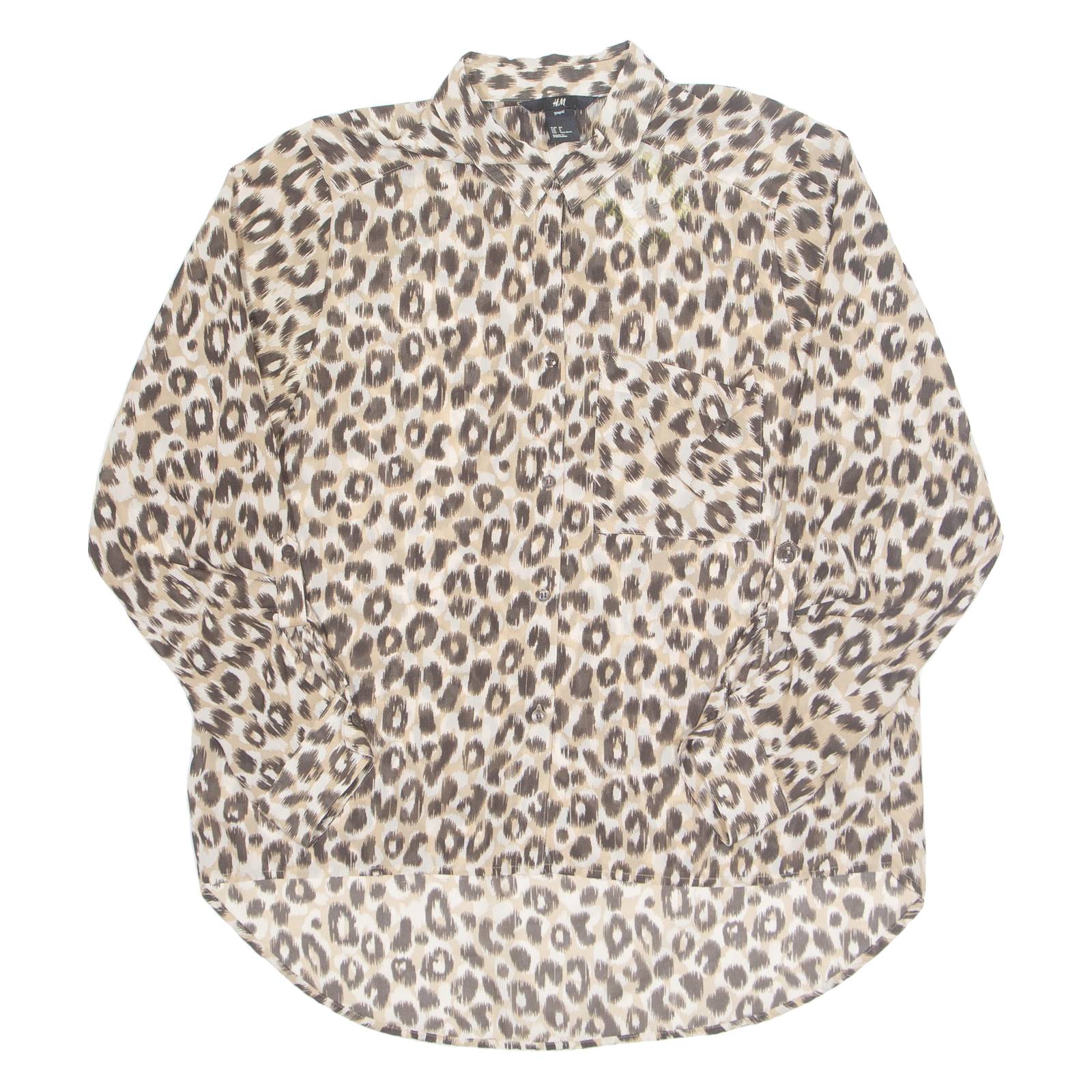 H&M Sheer Womens Printed Shirt Brown Collared Long Sleeve Animal Print S