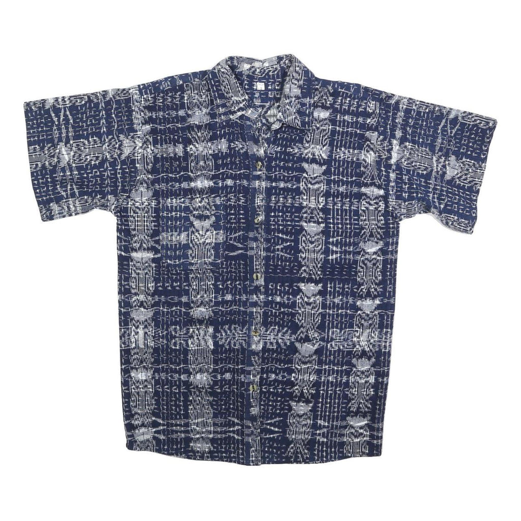 Womens Blue White Printed Cotton Blend Shirt Short Sleeve Collared S Casual