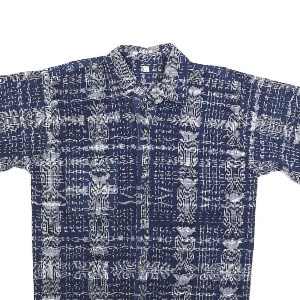 Womens Blue White Printed Cotton Blend Shirt Short Sleeve Collared S Casual