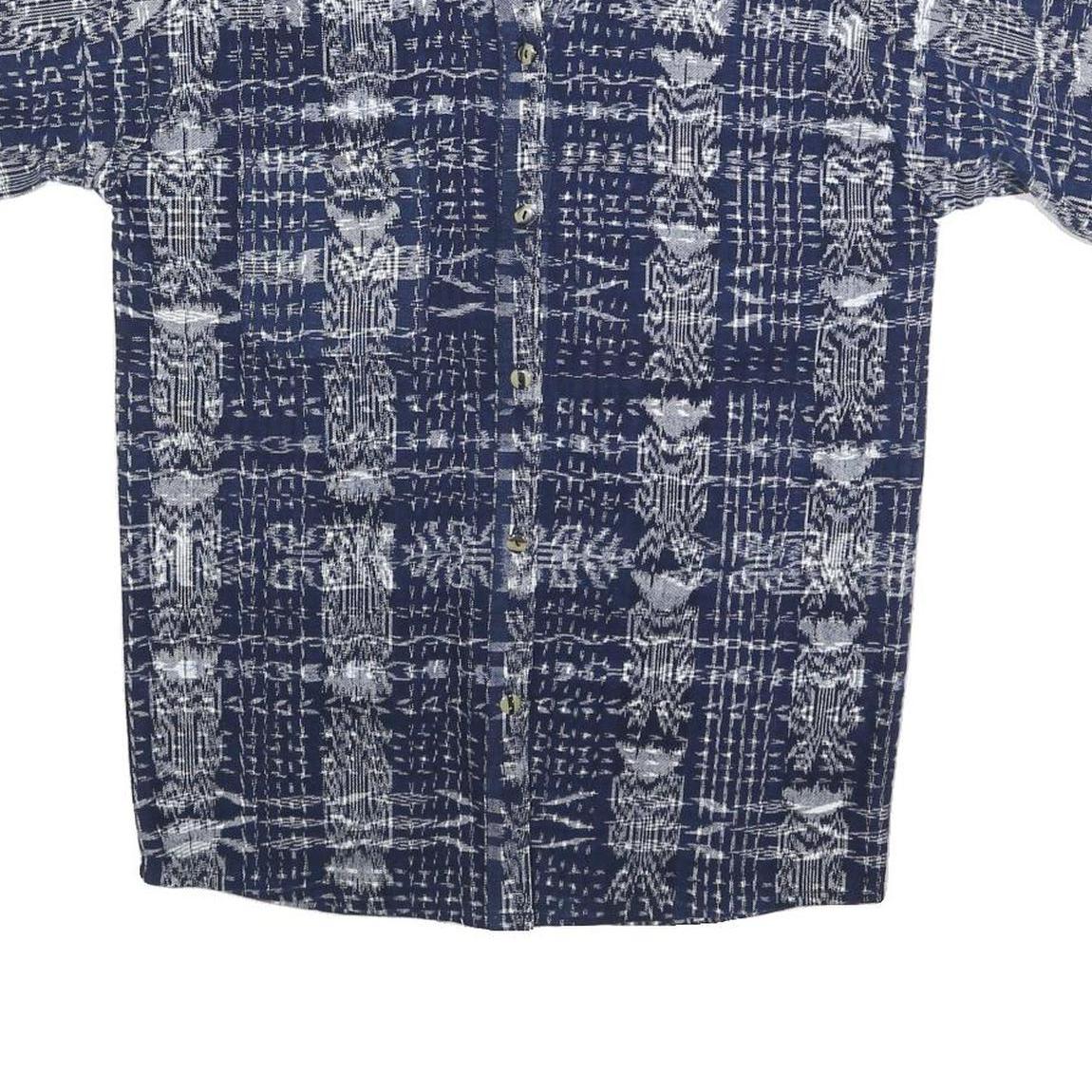 Womens Blue White Printed Cotton Blend Shirt Short Sleeve Collared S Casual