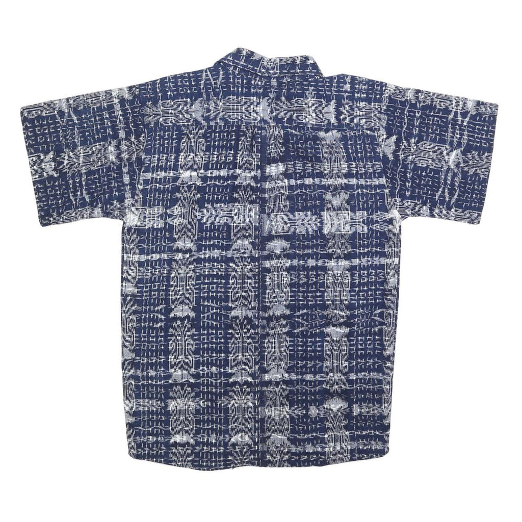 Womens Blue White Printed Cotton Blend Shirt Short Sleeve Collared S Casual