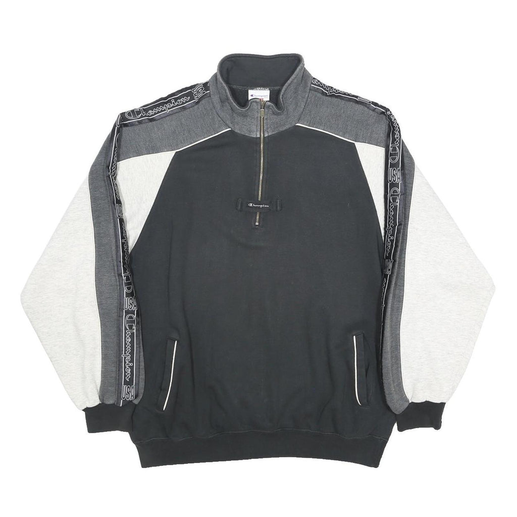 CHAMPION Mens Black & Grey Half Zip XL Sweatshirt Tape Logo Casual Pullover