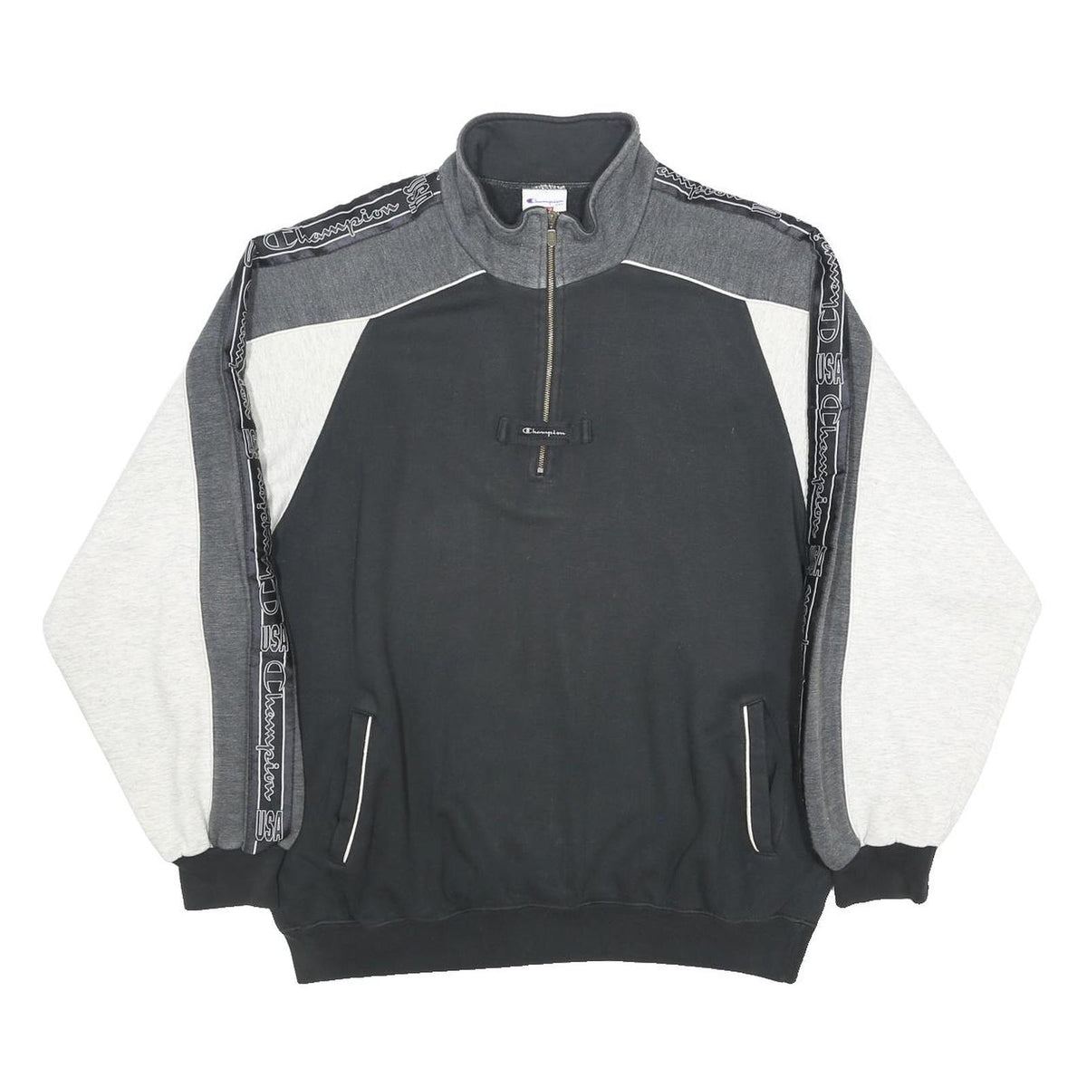 CHAMPION Mens Black & Grey Half Zip XL Sweatshirt Tape Logo Casual Pullover