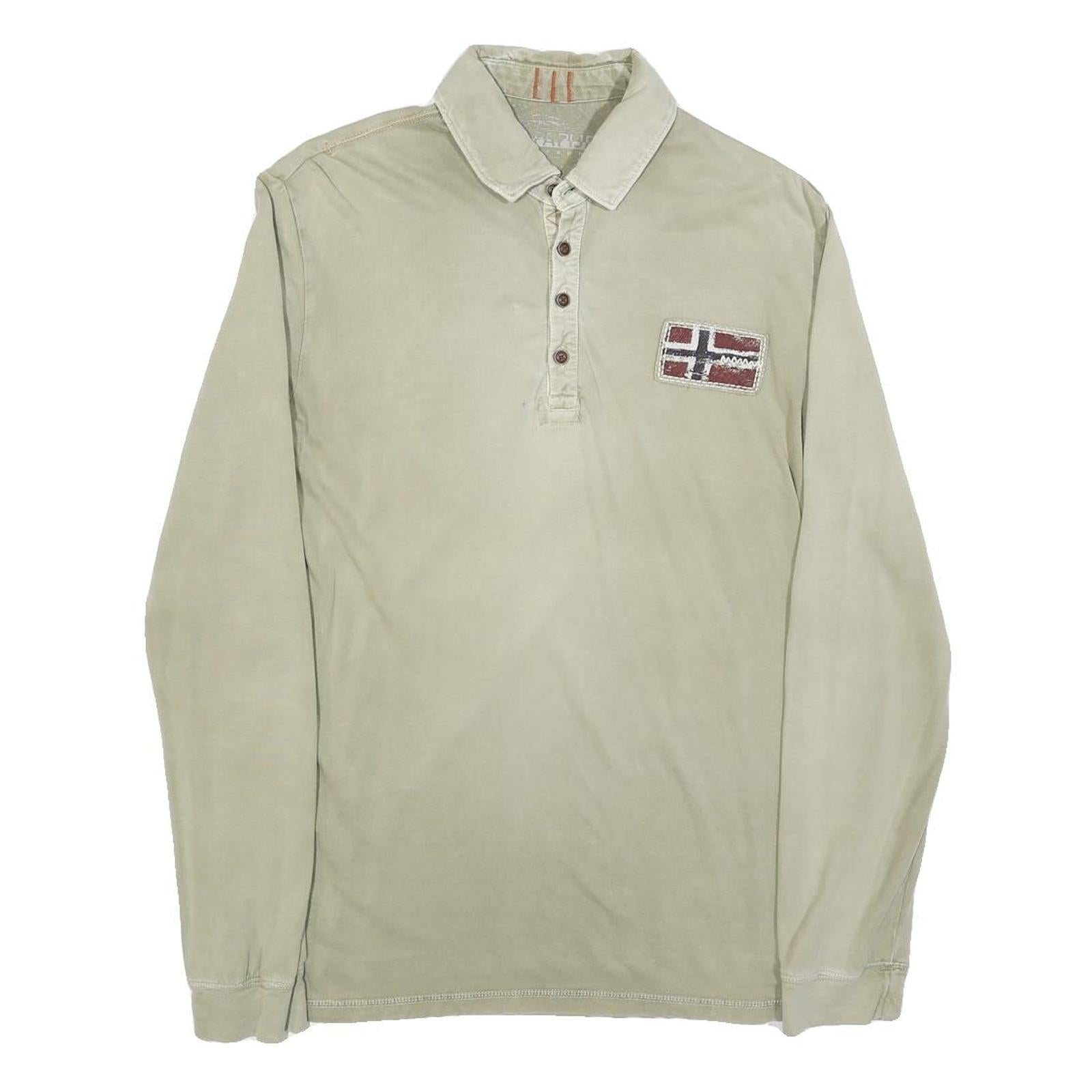 NAPAPIJRI Mens Beige Polo Shirt S Long Sleeve Plain Cotton Blend Casual Top