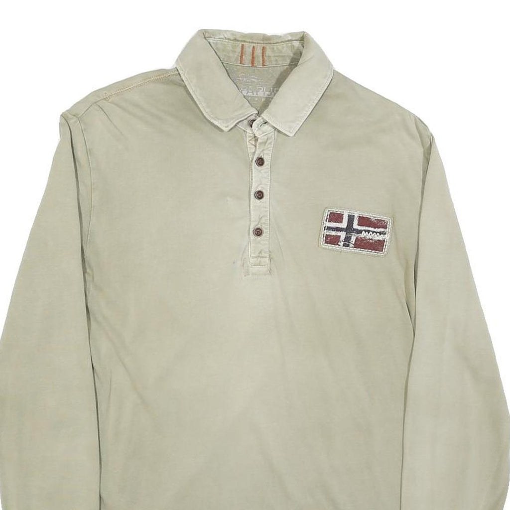 NAPAPIJRI Mens Beige Polo Shirt S Long Sleeve Plain Cotton Blend Casual Top