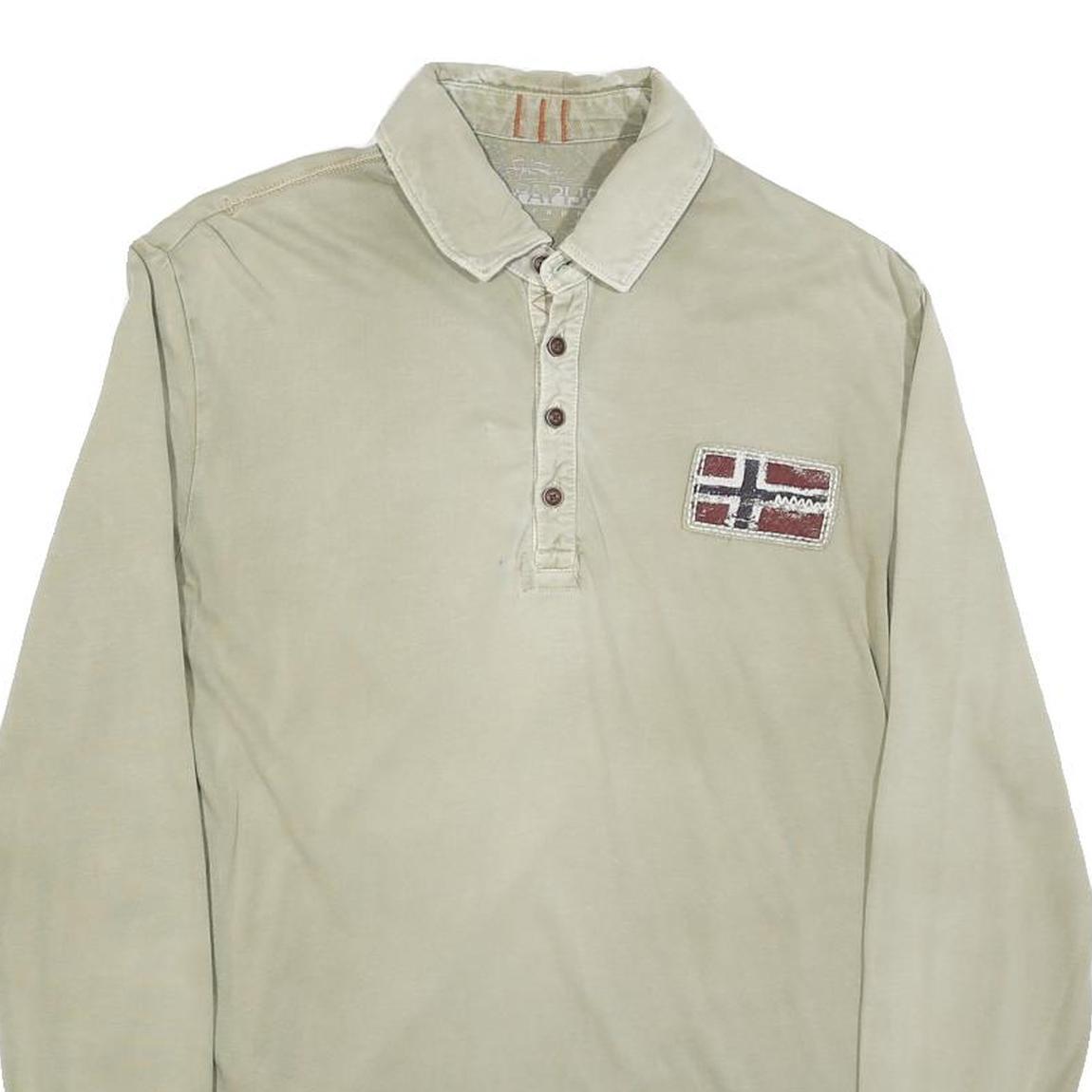 NAPAPIJRI Mens Beige Polo Shirt S Long Sleeve Plain Cotton Blend Casual Top