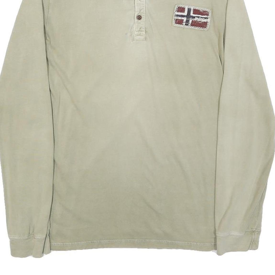 NAPAPIJRI Mens Beige Polo Shirt S Long Sleeve Plain Cotton Blend Casual Top