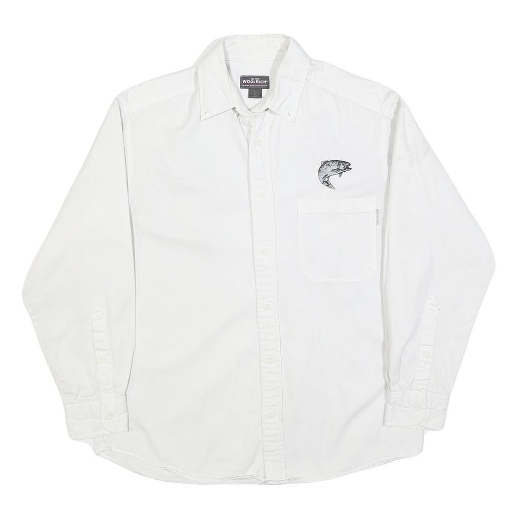 WOOLRICH Mens White Cotton Blend Shirt M Fish Logo Casual Button Down