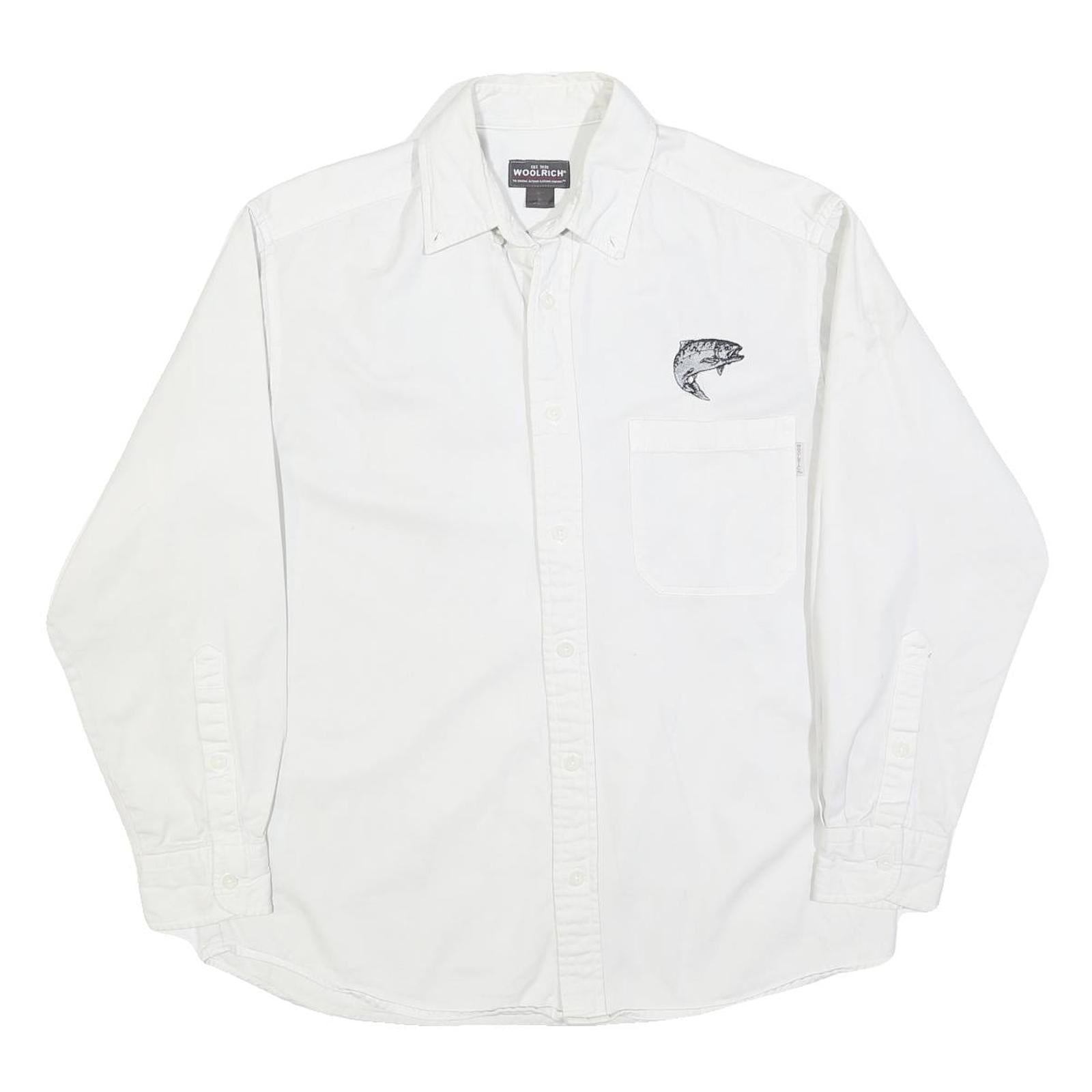 WOOLRICH Mens White Cotton Blend Shirt M Fish Logo Casual Button Down