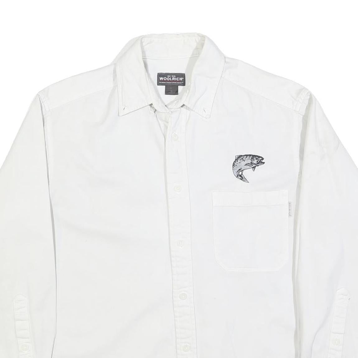 WOOLRICH Mens White Cotton Blend Shirt M Fish Logo Casual Button Down