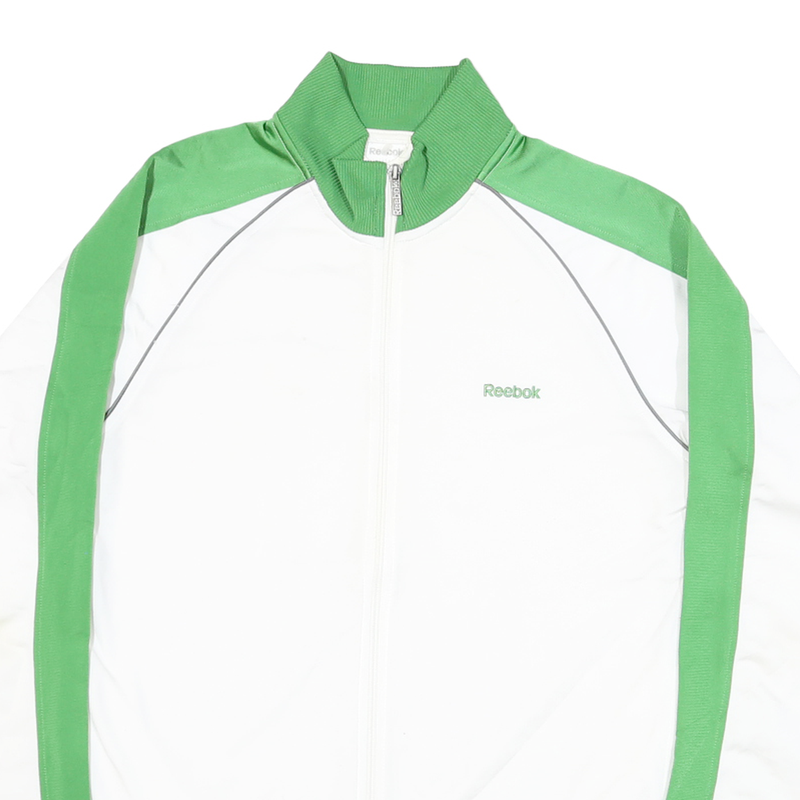 REEBOK Mens White & Green Track Jacket M Polyester Blend Zip Sports Casual