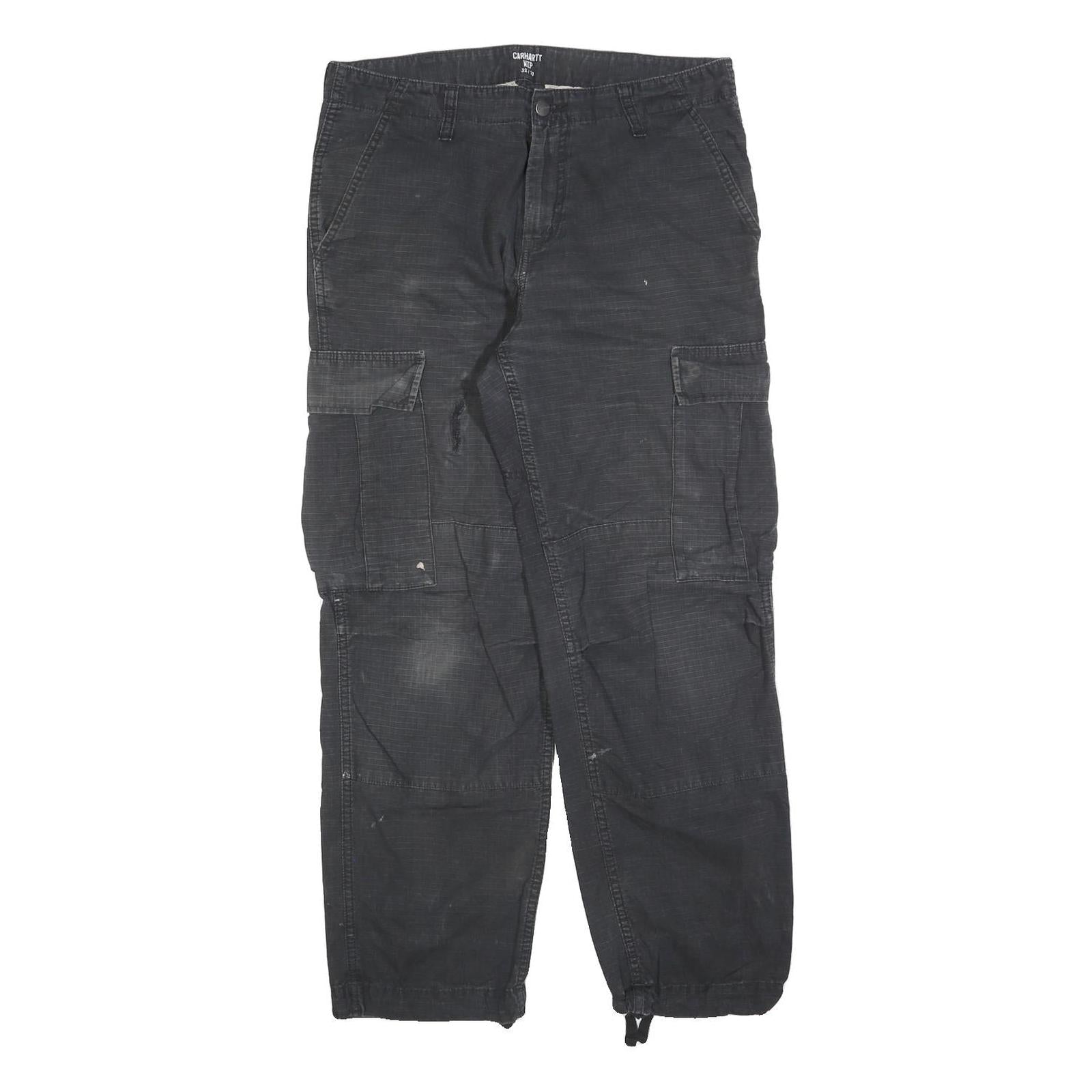 CARHARTT Mens Cotton Blend Black Regular Cargo Trousers W32 L30 Workwear Zip
