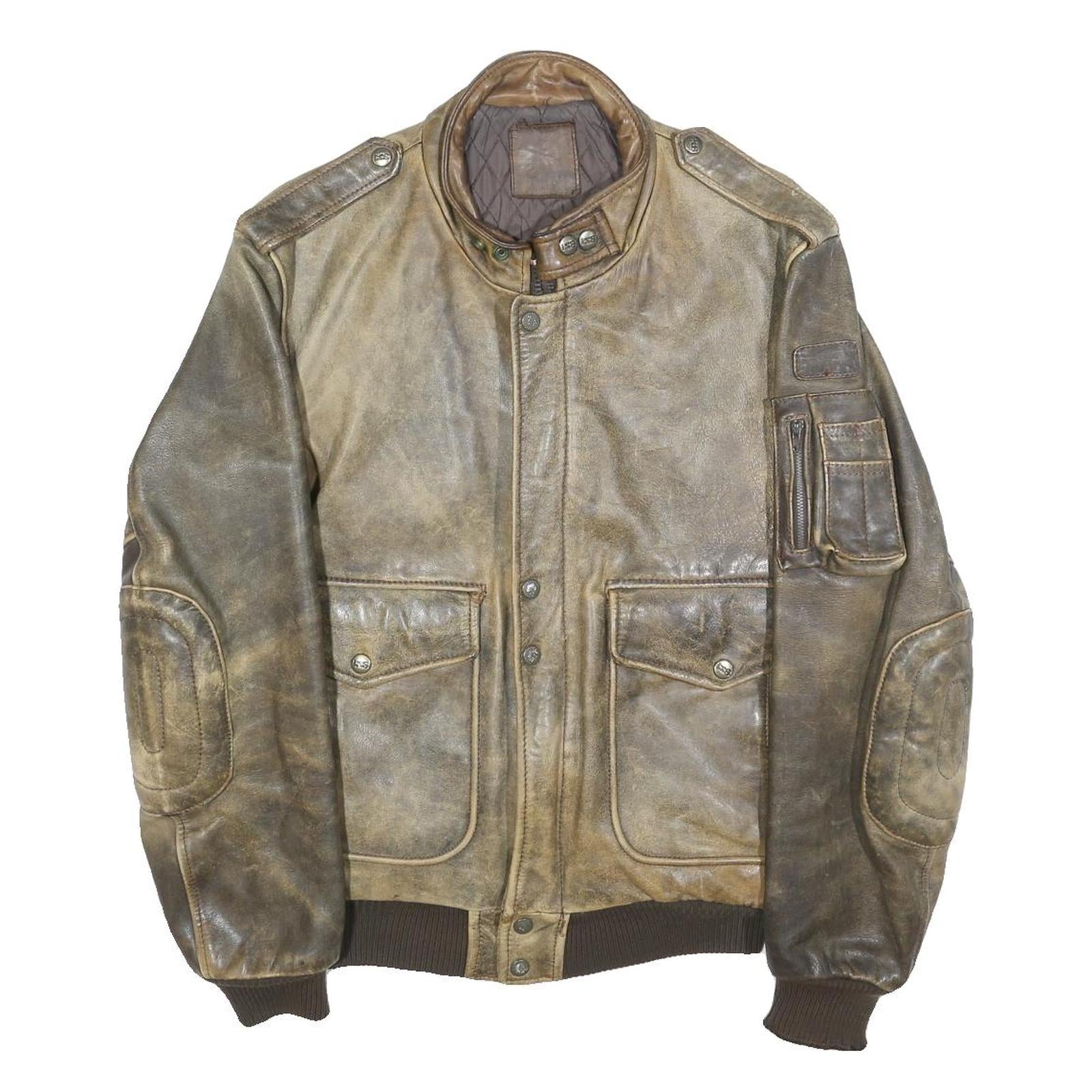 IXS Mens Brown Leather Bomber Jacket S Woven Classic Zip Pocketed