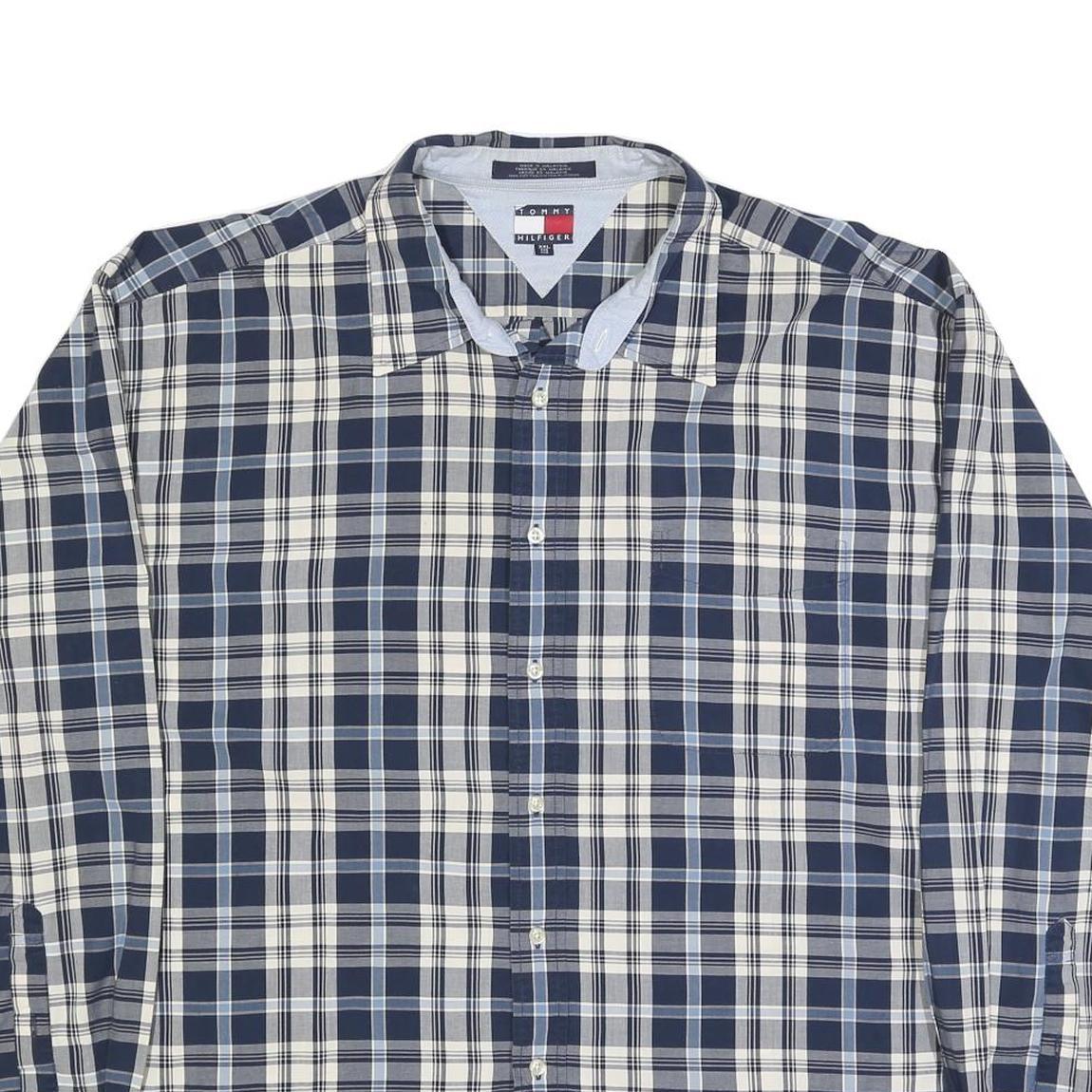 TOMMY HILFIGER Mens Blue & Cream Checked Shirt 2XL Cotton Blend Long Sleeve