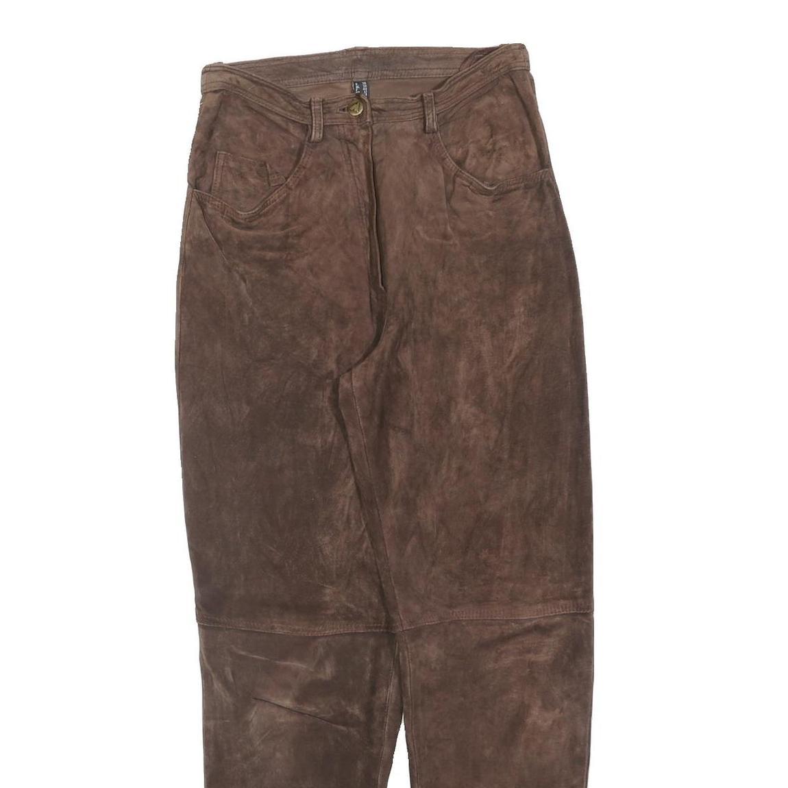 Womens Brown Leather Regular Fit Trousers W26 L30 Classic Zip Closure Stylish