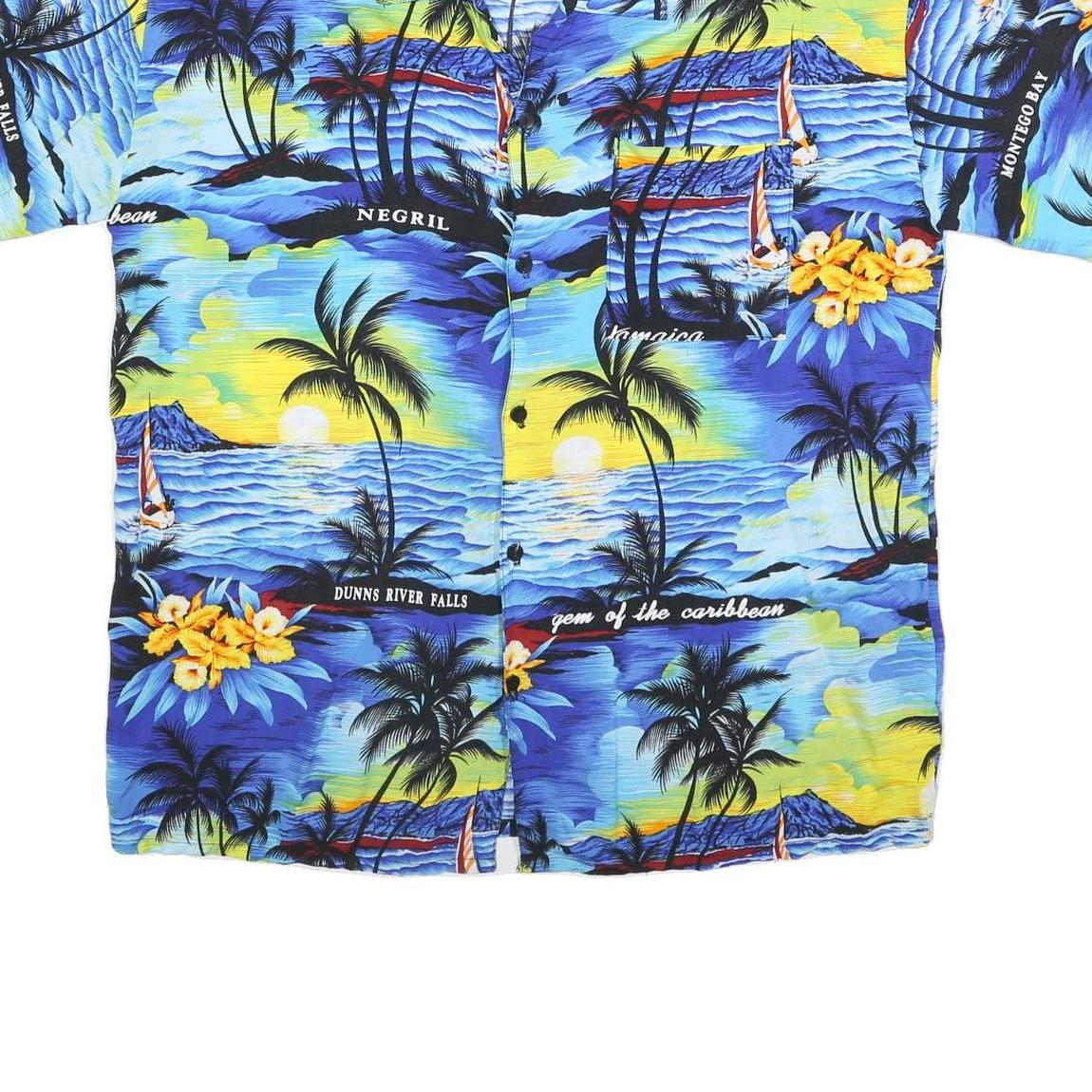 Mens Blue Yellow Hawaiian Shirt XL Cotton Blend Beachprint Vacation Style