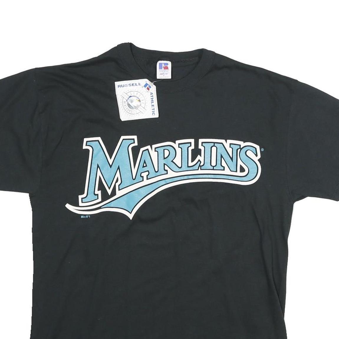 RUSSELL ATHLETIC Mens Black Marlins Graphic T-Shirt M Short Sleeve Crew Neck