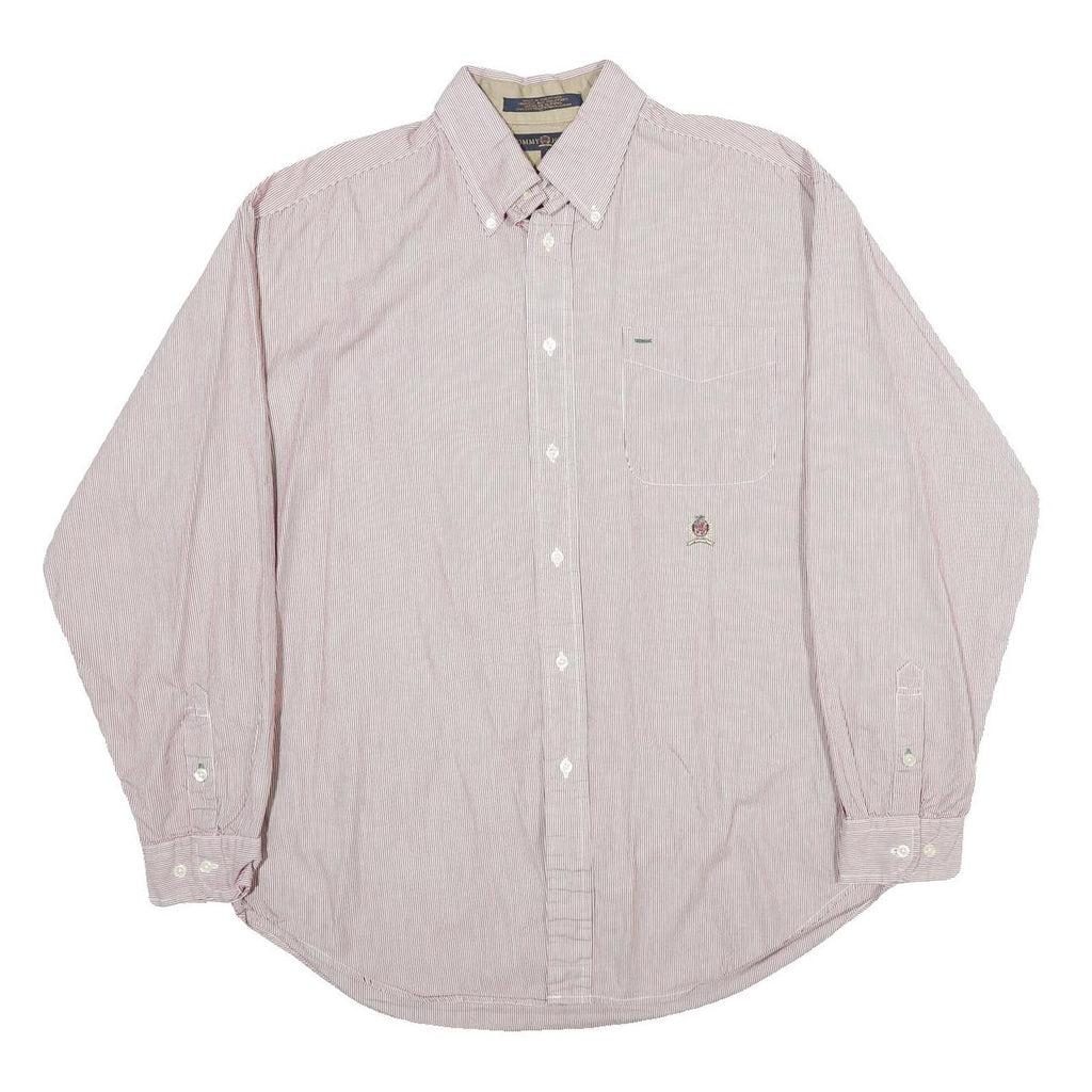 TOMMY HILFIGER Mens White & Red Striped Shirt L Button Down Oxford Long Sleeve