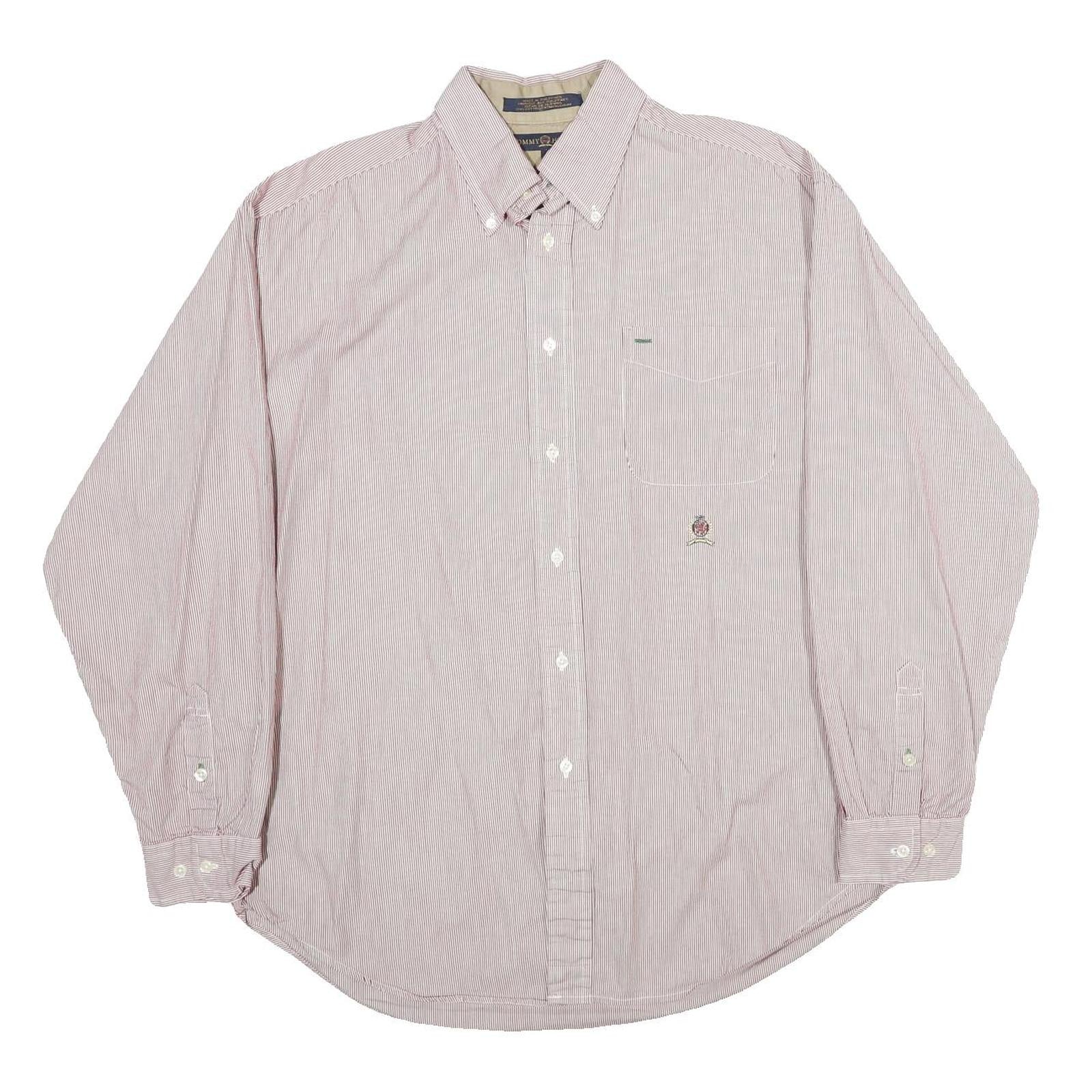 TOMMY HILFIGER Mens White & Red Striped Shirt L Button Down Oxford Long Sleeve