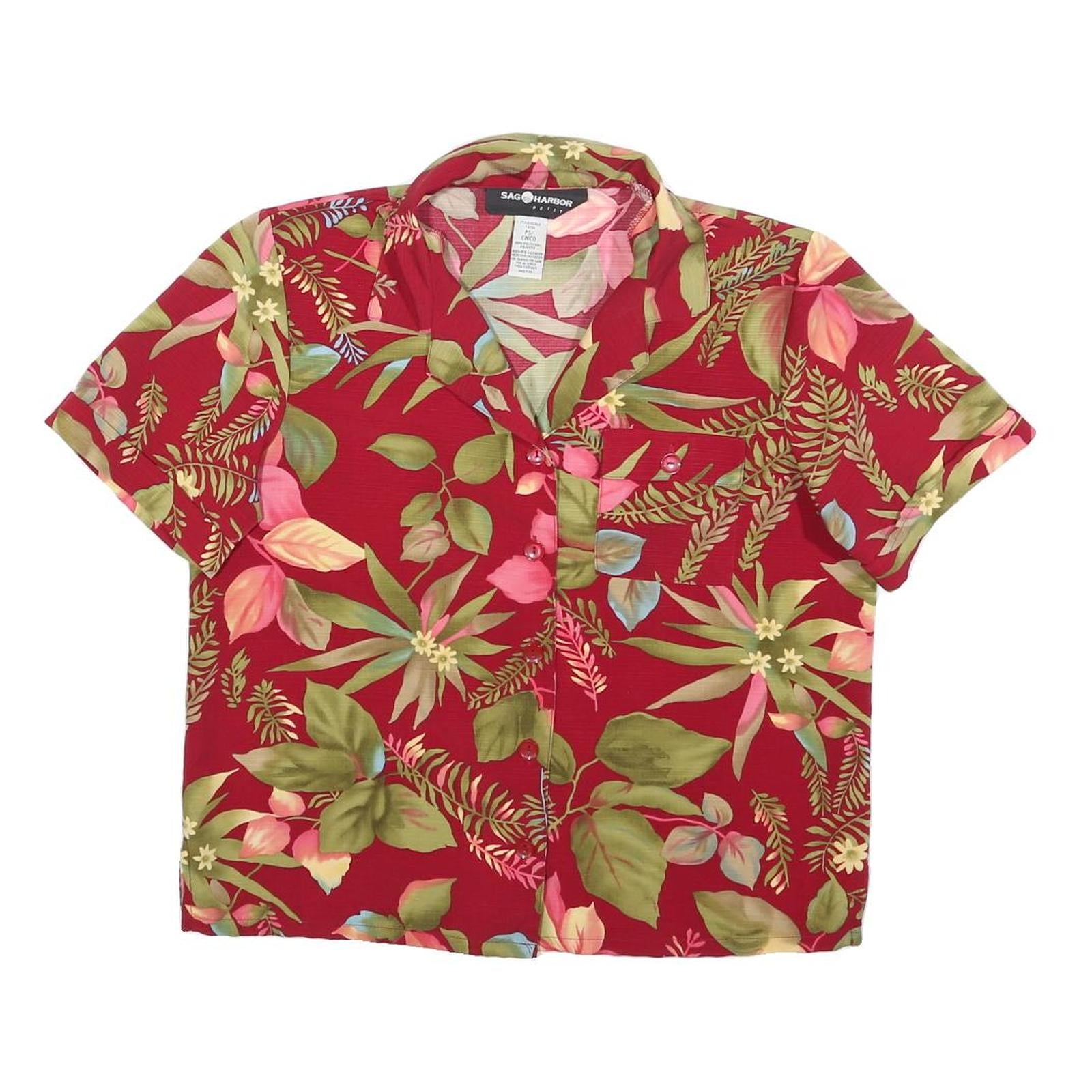 SAG HARBOR Womens Red Floral Button Shirt Short Sleeve Collar S Cotton Blend