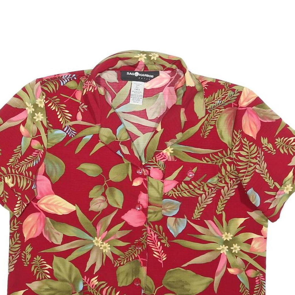 SAG HARBOR Womens Red Floral Button Shirt Short Sleeve Collar S Cotton Blend