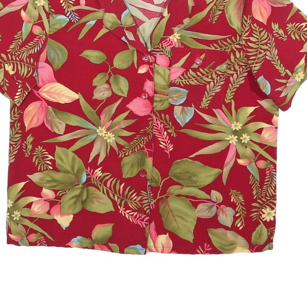 SAG HARBOR Womens Red Floral Button Shirt Short Sleeve Collar S Cotton Blend
