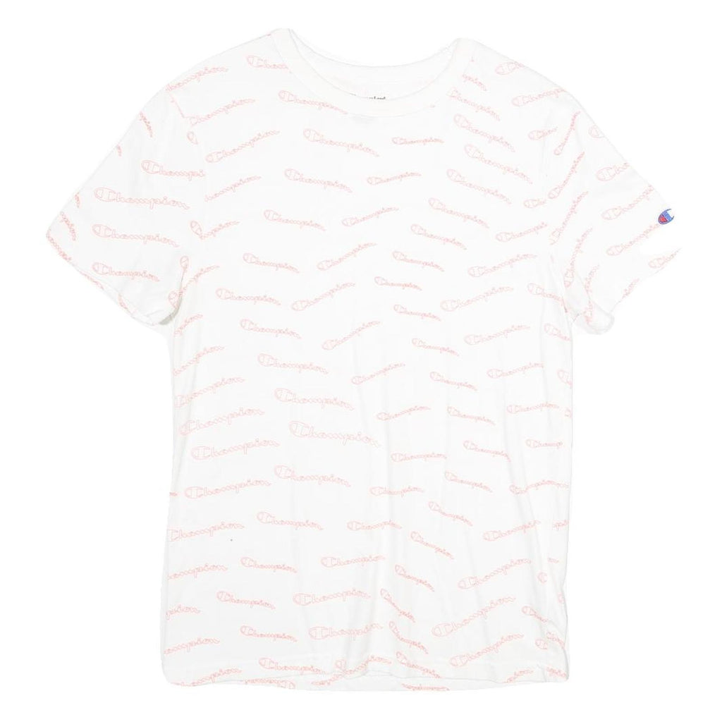 CHAMPION Mens White Graphic T-Shirt S Short Sleeve Crew Neck Logo Print