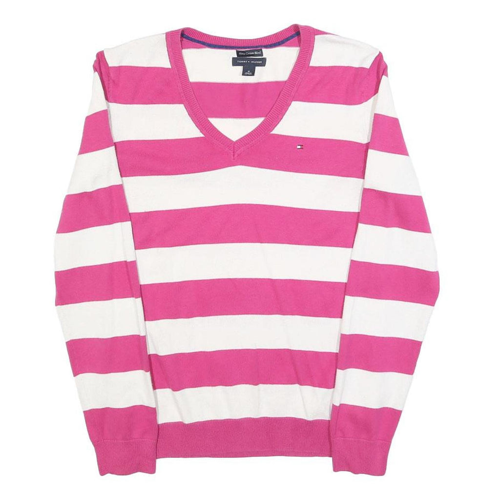 TOMMY HILFIGER Womens Pink & White Striped Patterned Cotton V-Neck Basic Knit