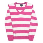 TOMMY HILFIGER Womens Pink & White Striped Patterned Cotton V-Neck Basic Knit