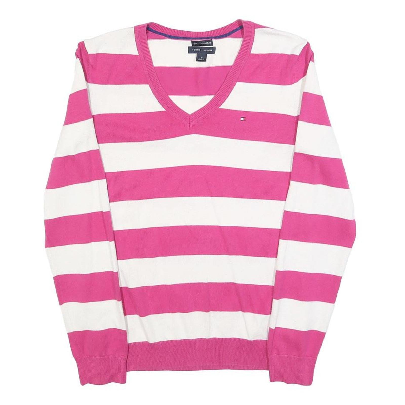 TOMMY HILFIGER Womens Pink & White Striped Patterned Cotton V-Neck Basic Knit