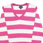 TOMMY HILFIGER Womens Pink & White Striped Patterned Cotton V-Neck Basic Knit