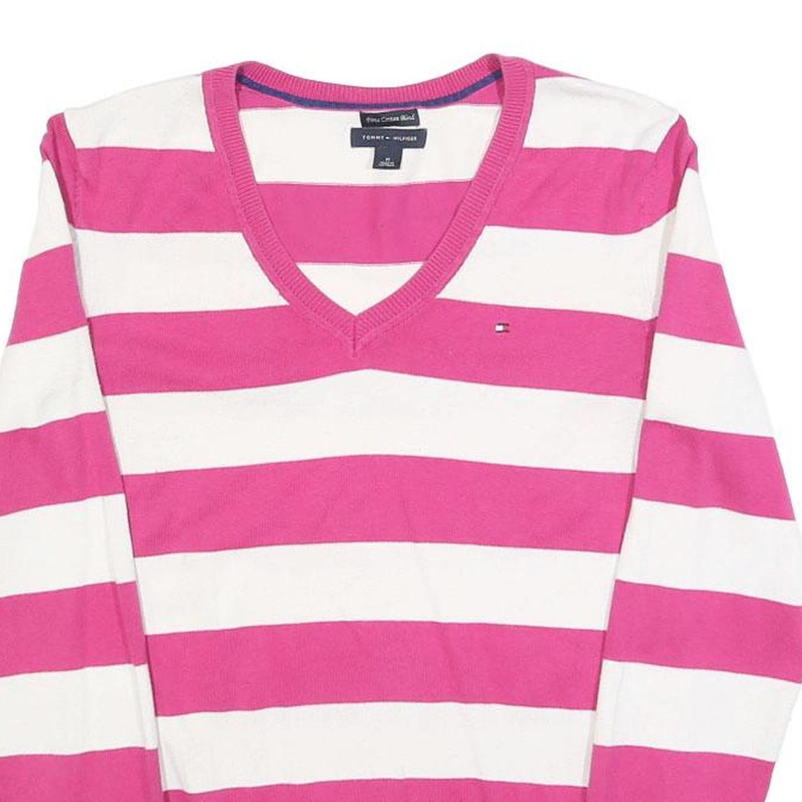TOMMY HILFIGER Womens Pink & White Striped Patterned Cotton V-Neck Basic Knit