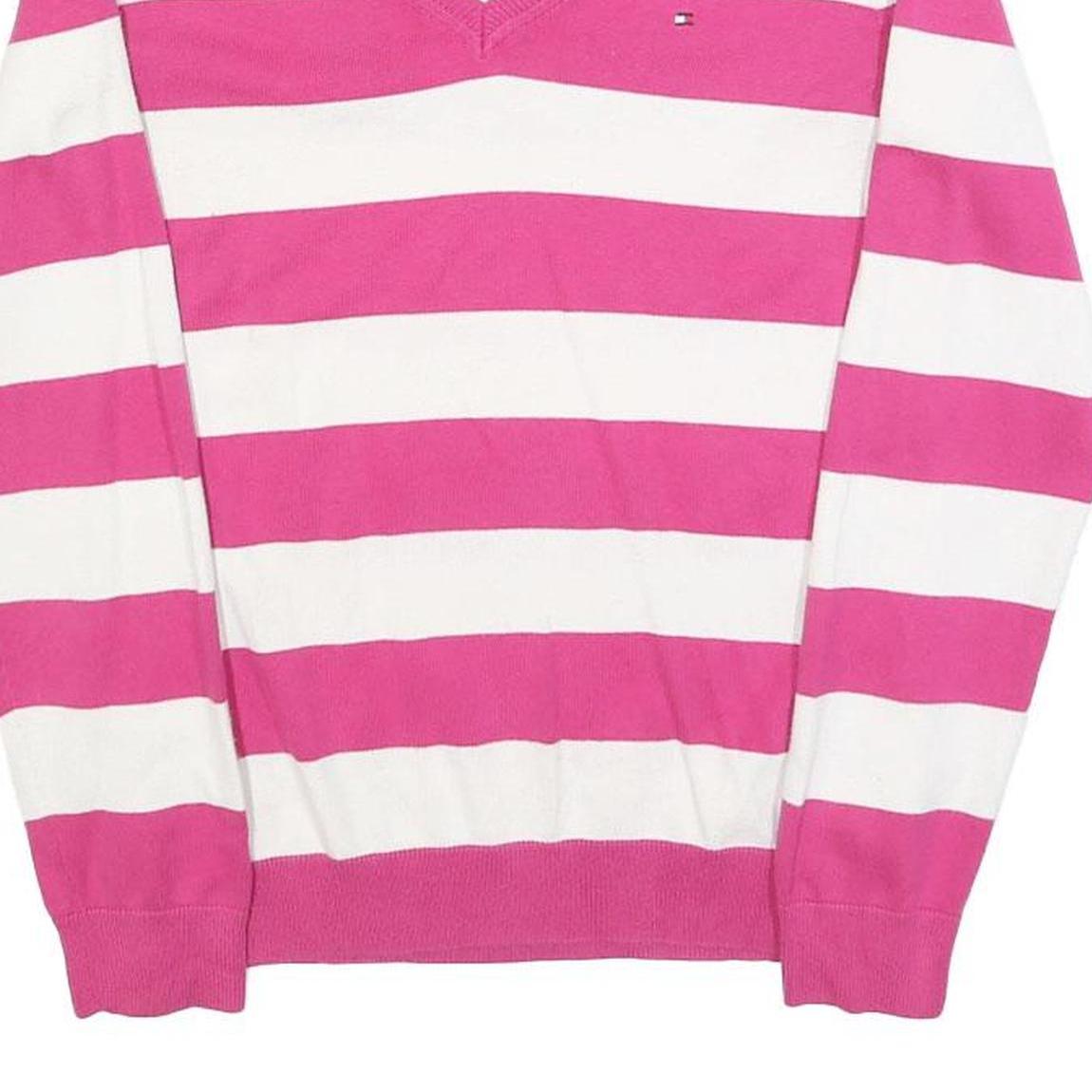 TOMMY HILFIGER Womens Pink & White Striped Patterned Cotton V-Neck Basic Knit