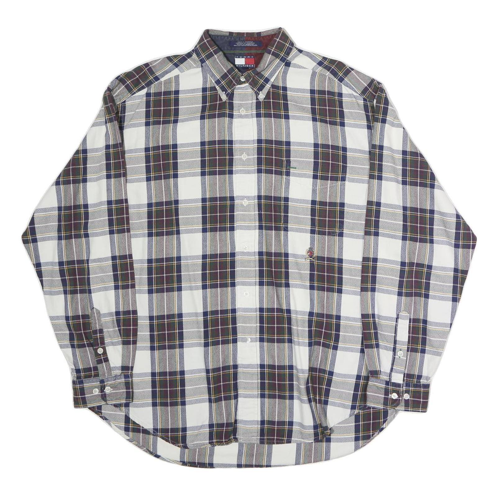 TOMMY HILFIGER Mens Blue Brown Check Shirt XL Button Down Collar Long Sleeve