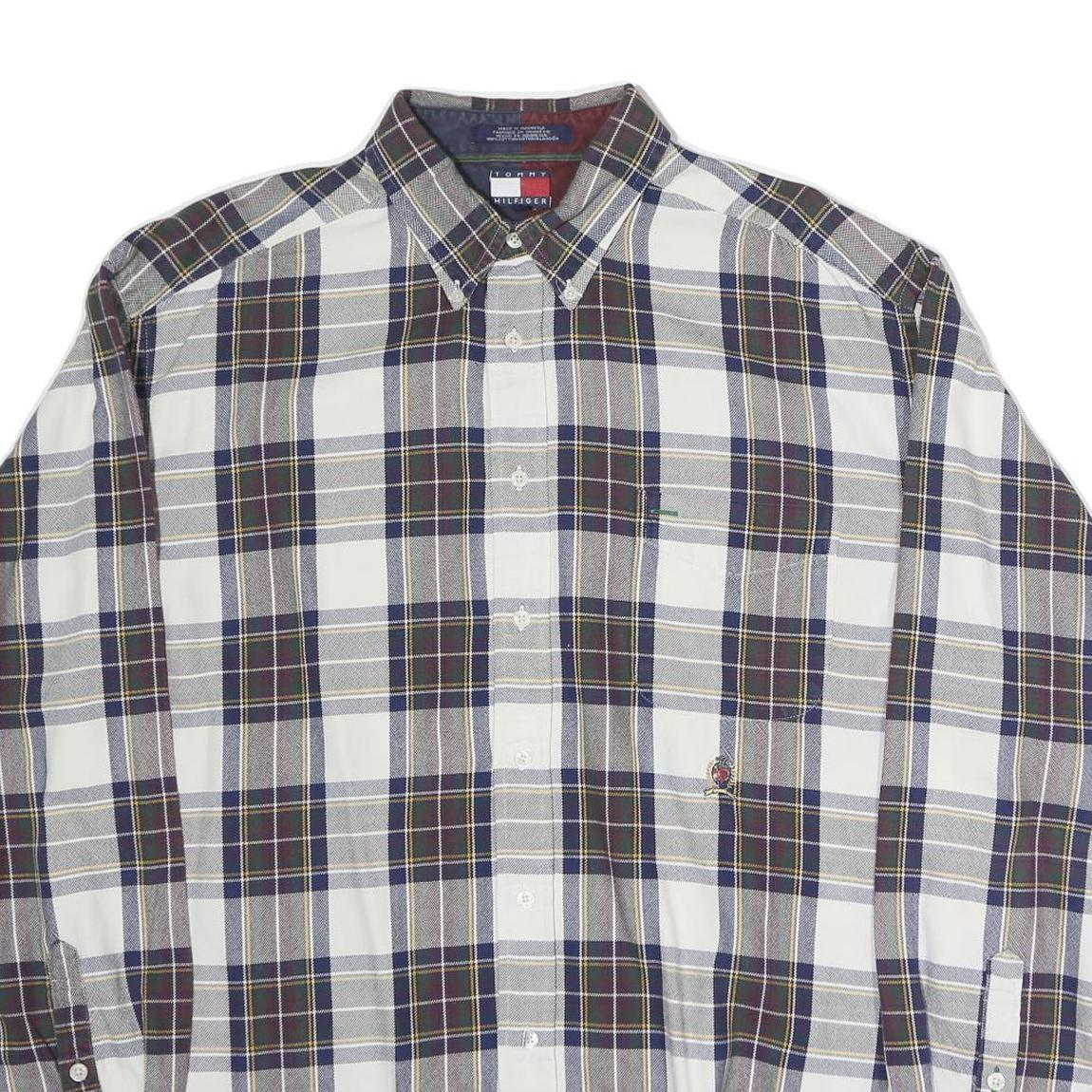 TOMMY HILFIGER Mens Blue Brown Check Shirt XL Button Down Collar Long Sleeve