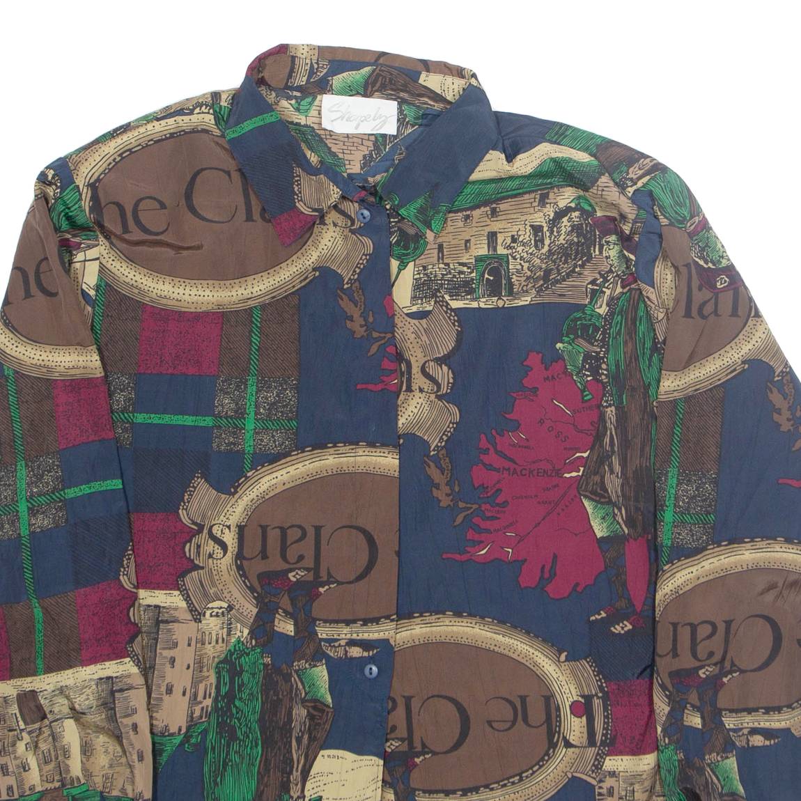 SHAPELY Womens Printed Blouse Blue Collared Long Sleeve Crazy Pattern L