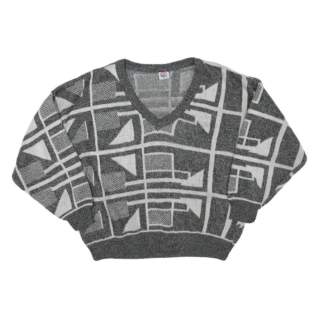 FANTASIA MODE Womens Grey & Cream Patterned Jumper V-Neck Basic Knit XL Abstract