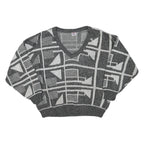 FANTASIA MODE Womens Grey & Cream Patterned Jumper V-Neck Basic Knit XL Abstract