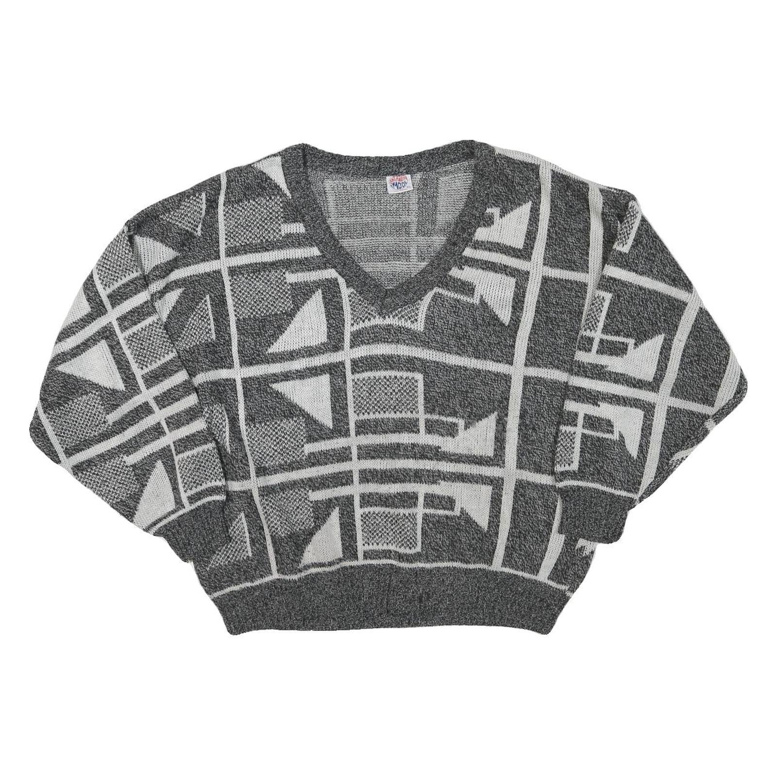 FANTASIA MODE Womens Grey & Cream Patterned Jumper V-Neck Basic Knit XL Abstract