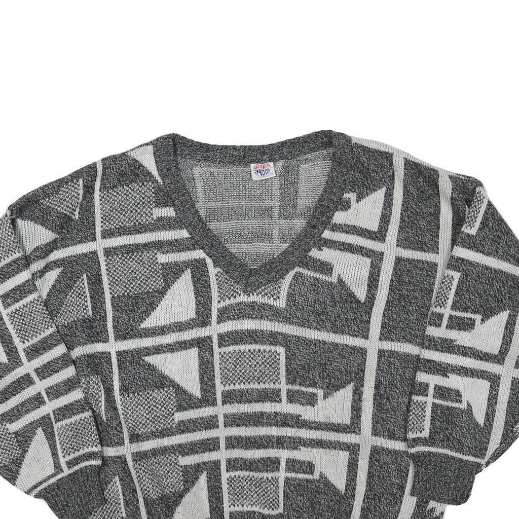 FANTASIA MODE Womens Grey & Cream Patterned Jumper V-Neck Basic Knit XL Abstract