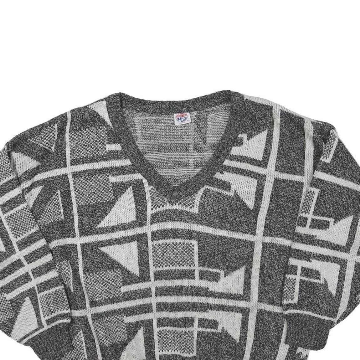 FANTASIA MODE Womens Grey & Cream Patterned Jumper V-Neck Basic Knit XL Abstract