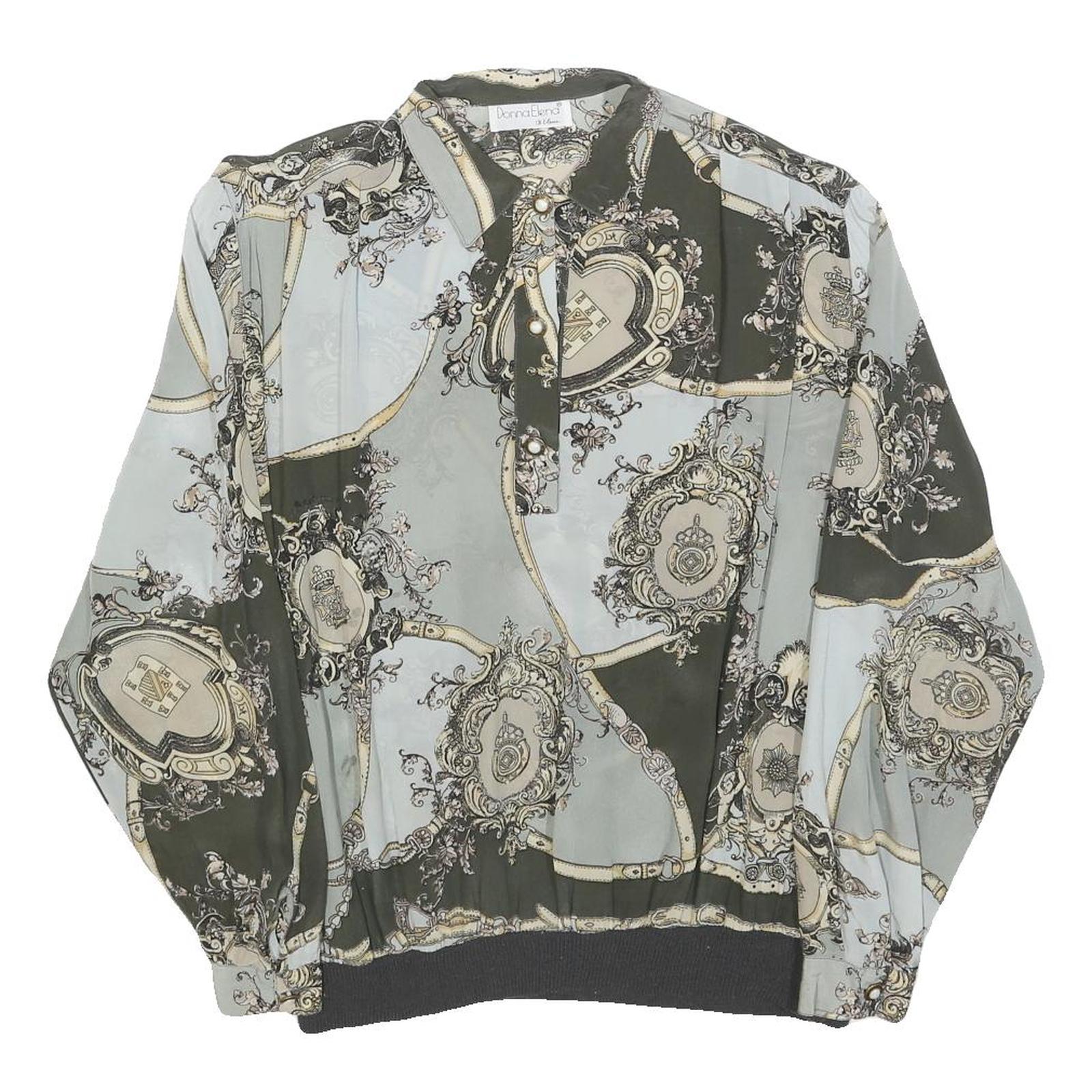 DONNA ELENA Womens Green & Cream Printed Shirt Long Sleeve Collared M Elegant