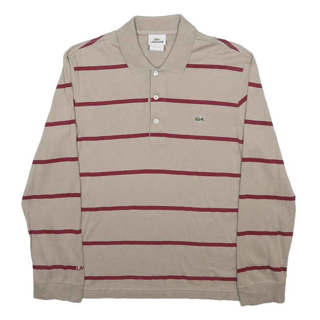 LACOSTE Mens Beige & Red Striped Long Sleeve Polo Shirt S Cotton Classic