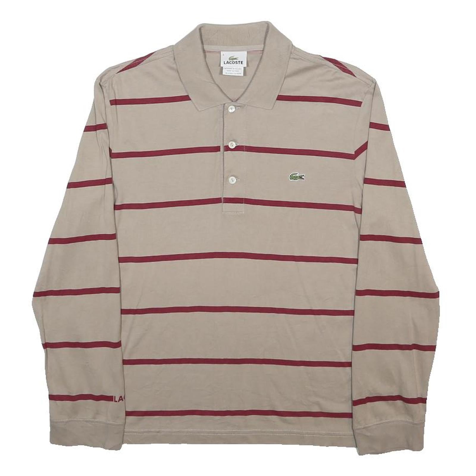 LACOSTE Mens Beige & Red Striped Long Sleeve Polo Shirt S Cotton Classic