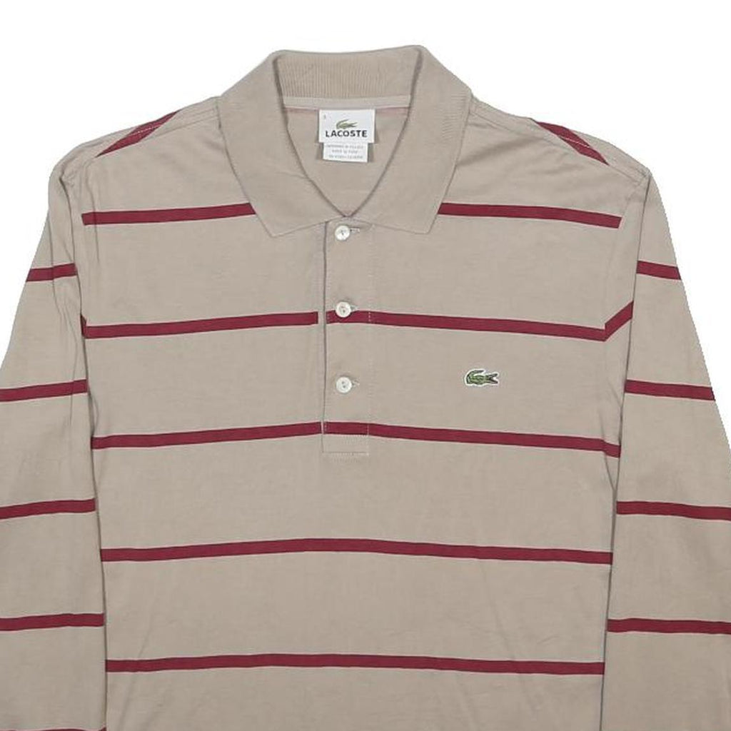 LACOSTE Mens Beige & Red Striped Long Sleeve Polo Shirt S Cotton Classic